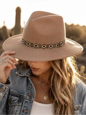 CC Exclusives Tan 100% Wool Rancher Hat Aztec Band One Size